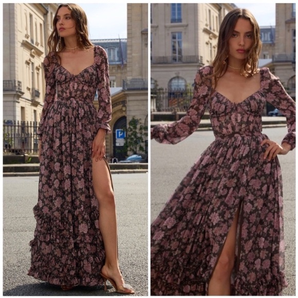 V. Chapman Carmella Corset Maxi Dress Chocolate Peony Floral NWT